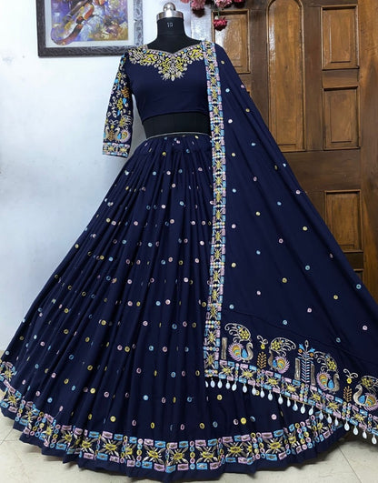 Navy blue butter silk heavy embroidered wedding lehenga choli
