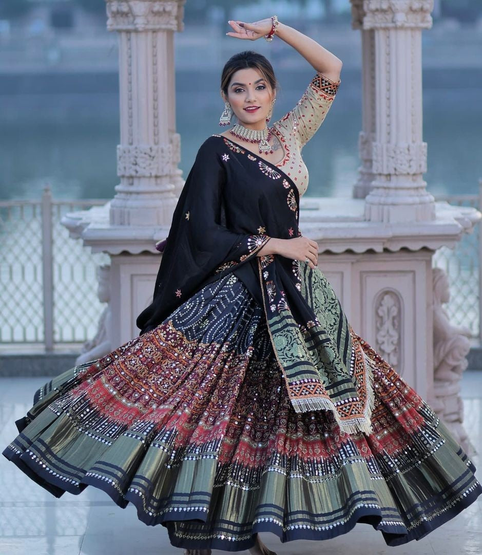 Navy blue butter silk multicolor printed mirror work lehenga choli