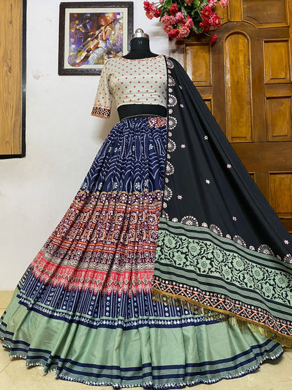 Navy blue butter silk multicolor printed mirror work lehenga choli