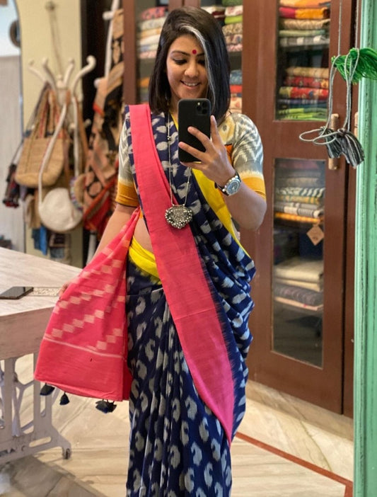 Navy blue chanderi cotton printed saree