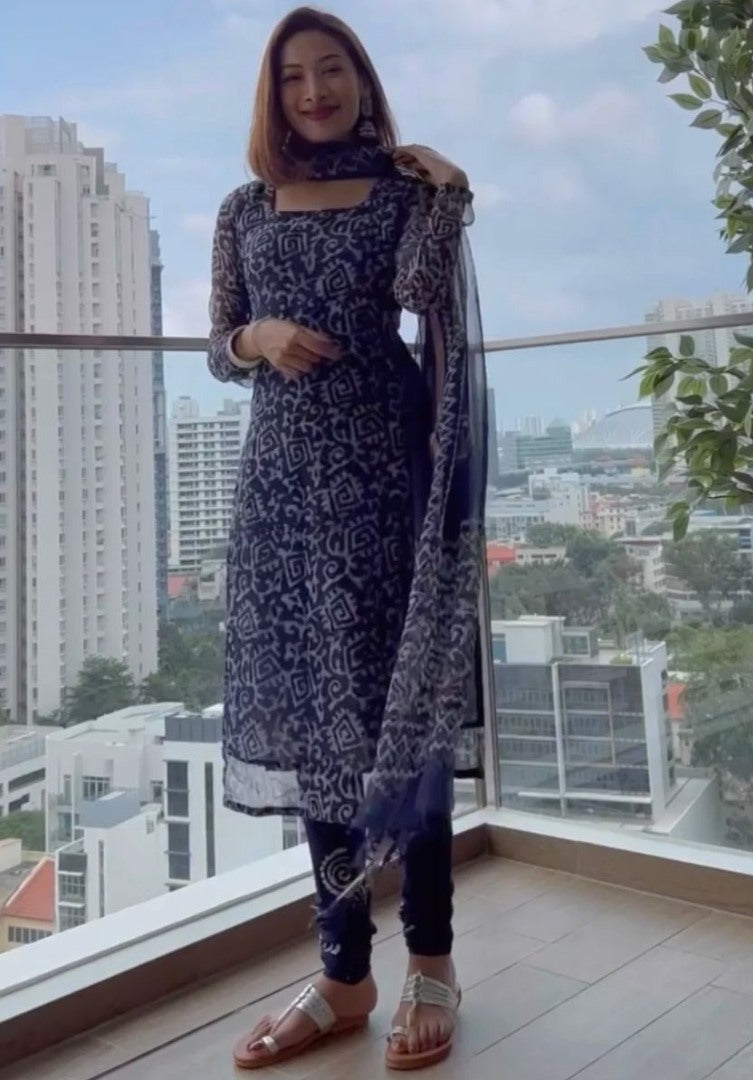 Navy blue chanderi silk printed churidar salwar suit