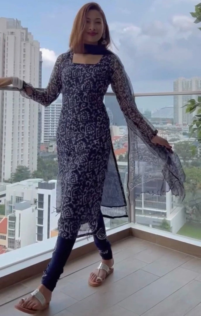 Navy blue chanderi silk printed churidar salwar suit