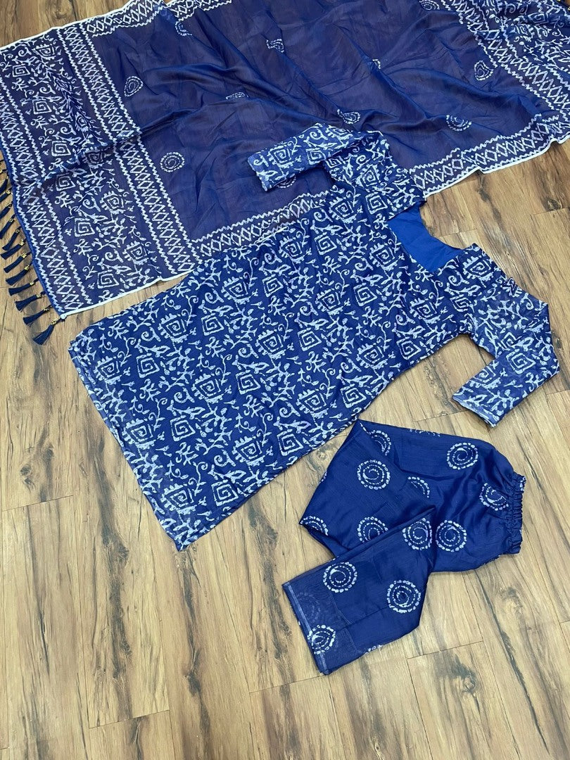 Navy blue chanderi silk printed churidar salwar suit