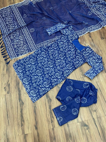 Navy blue chanderi silk printed churidar salwar suit