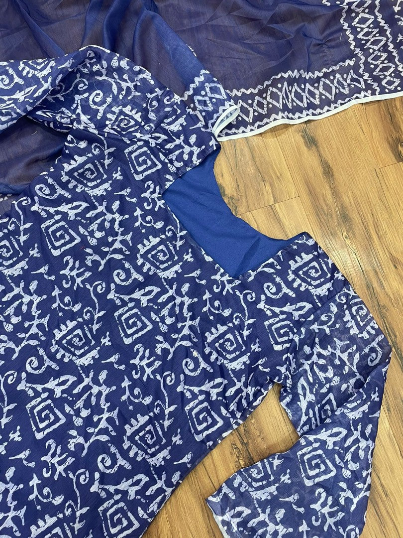 Navy blue chanderi silk printed churidar salwar suit