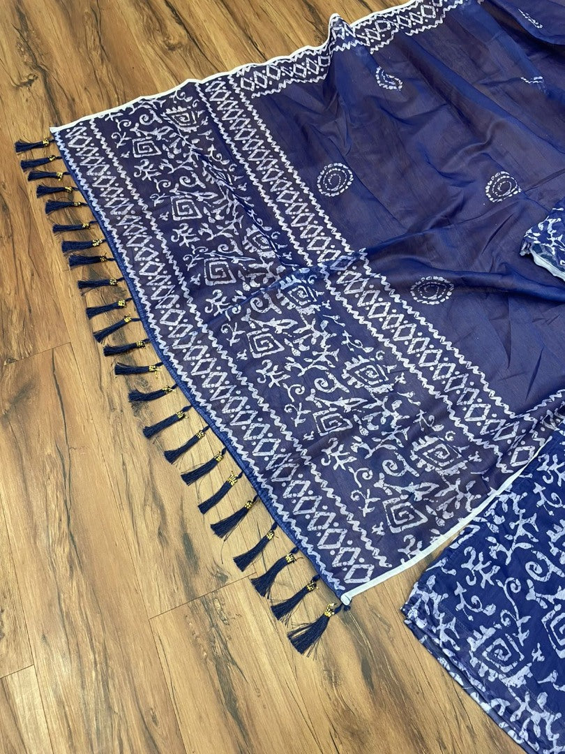 Navy blue chanderi silk printed churidar salwar suit