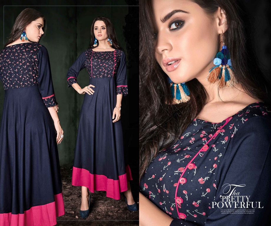 Navy Blue Colored Rayon Printed & Button Work Stitched Anarkali Style Kurti