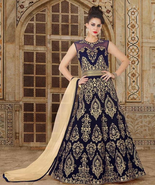 Navy Blue Colored Santoon Jari Embroidery With Stone Work Semi Stitched gown