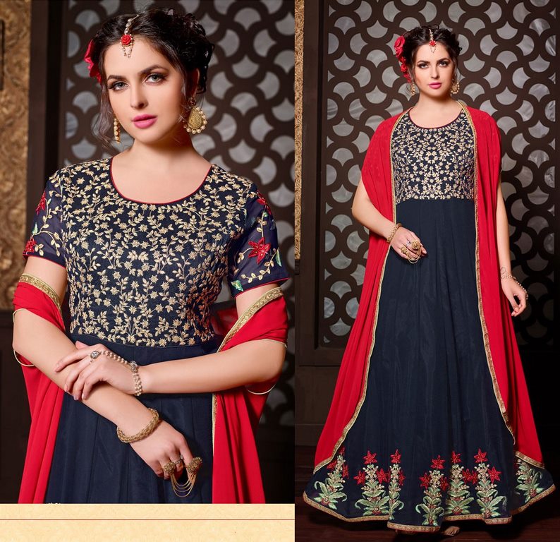 Navy Blue Colored Santoon Thread & Jari Embroidery Semi Stitched anarkali suit