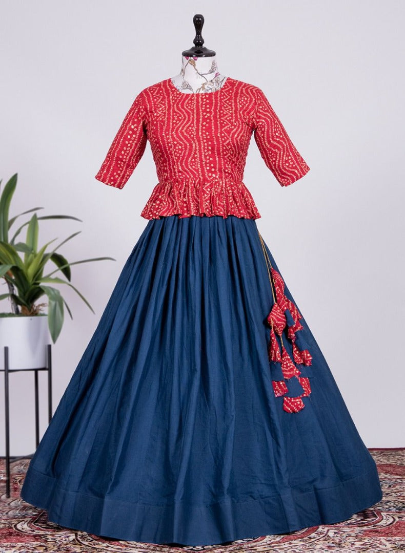 Navy blue cotton bandhni print crop top lehenga