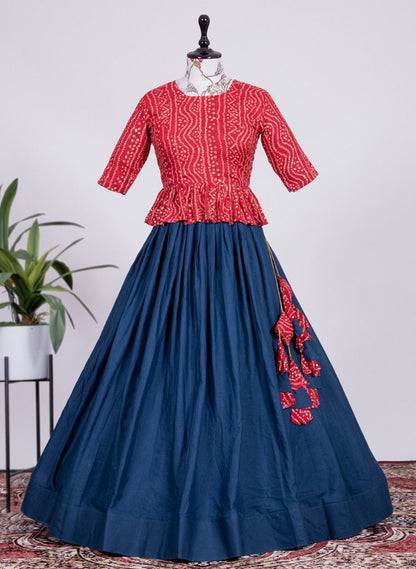 Navy blue cotton bandhni print crop top lehenga