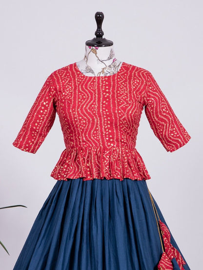 Navy blue cotton bandhni print crop top lehenga