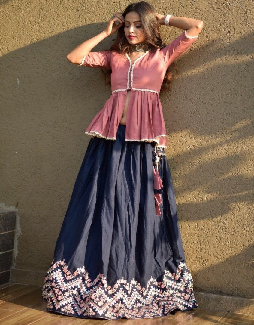 Navy blue cotton embroidered lehenga with long crop top