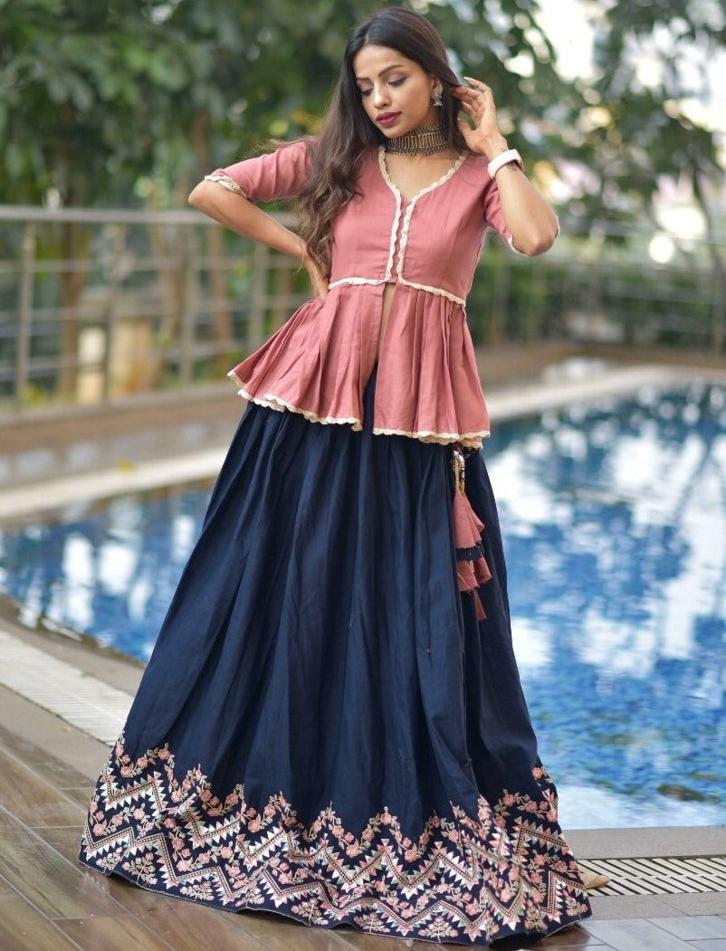 Navy blue cotton embroidered lehenga with long crop top