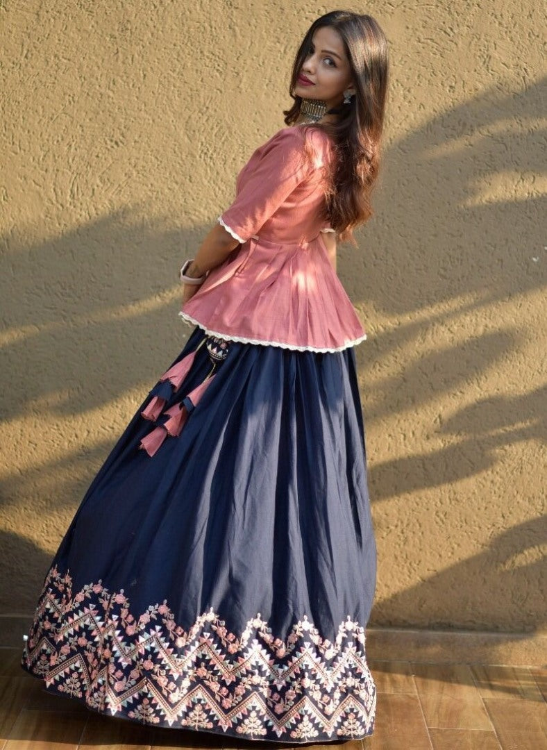 Navy blue cotton embroidered lehenga with long crop top