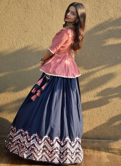 Navy blue cotton embroidered lehenga with long crop top