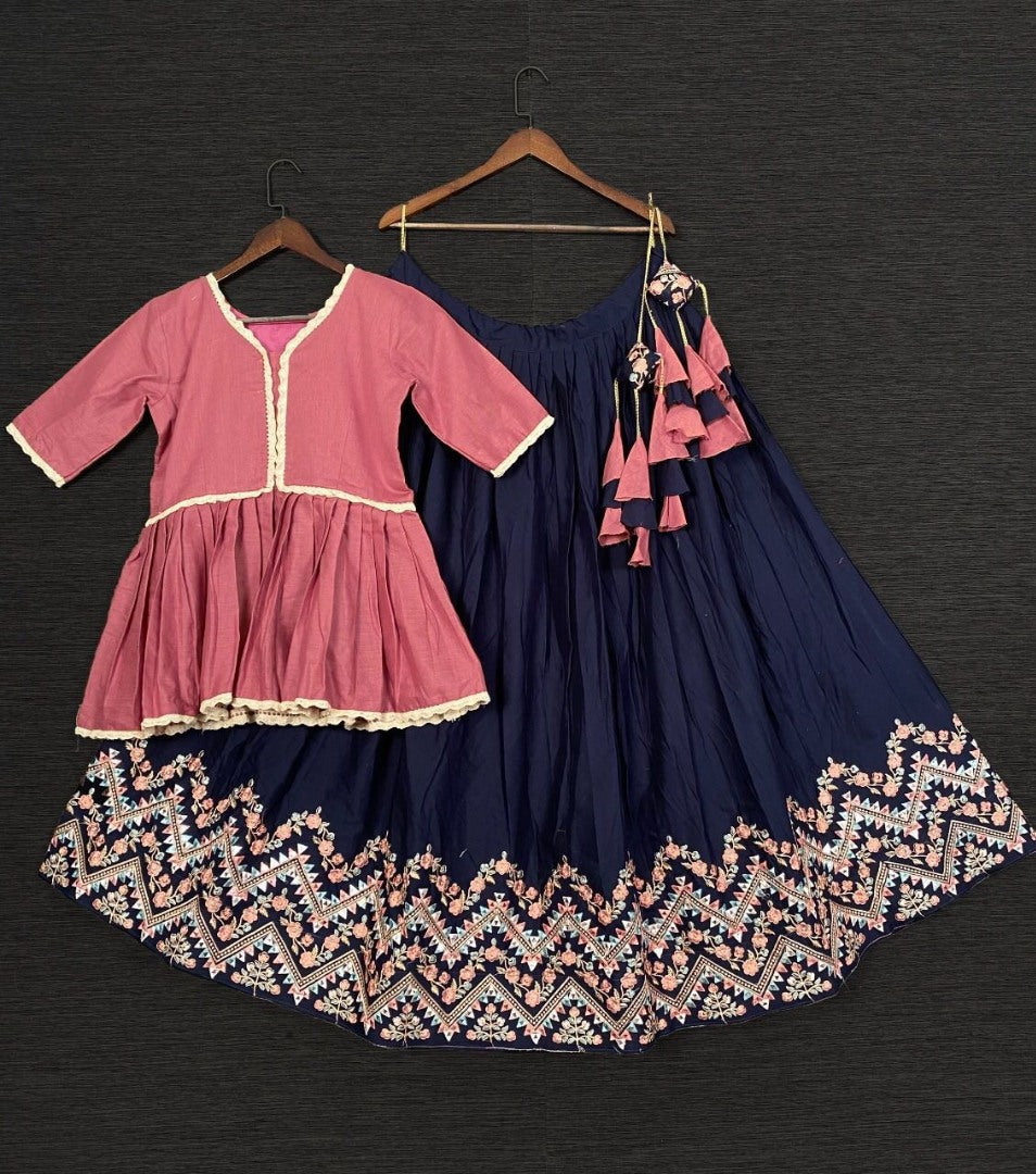 Navy blue cotton embroidered lehenga with long crop top
