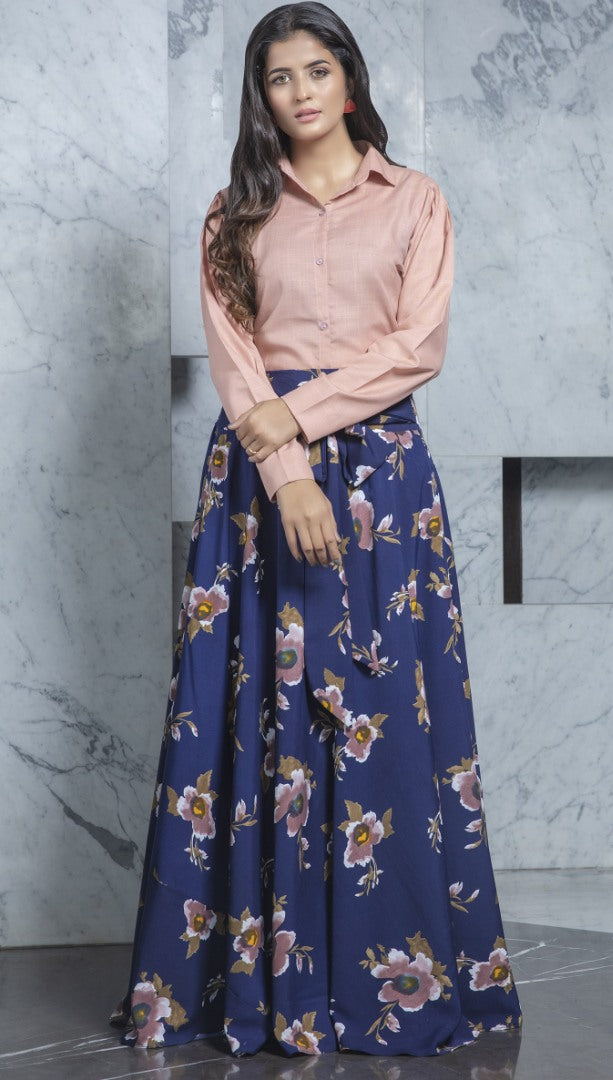 Navy blue cotton flower printed party wear crop top