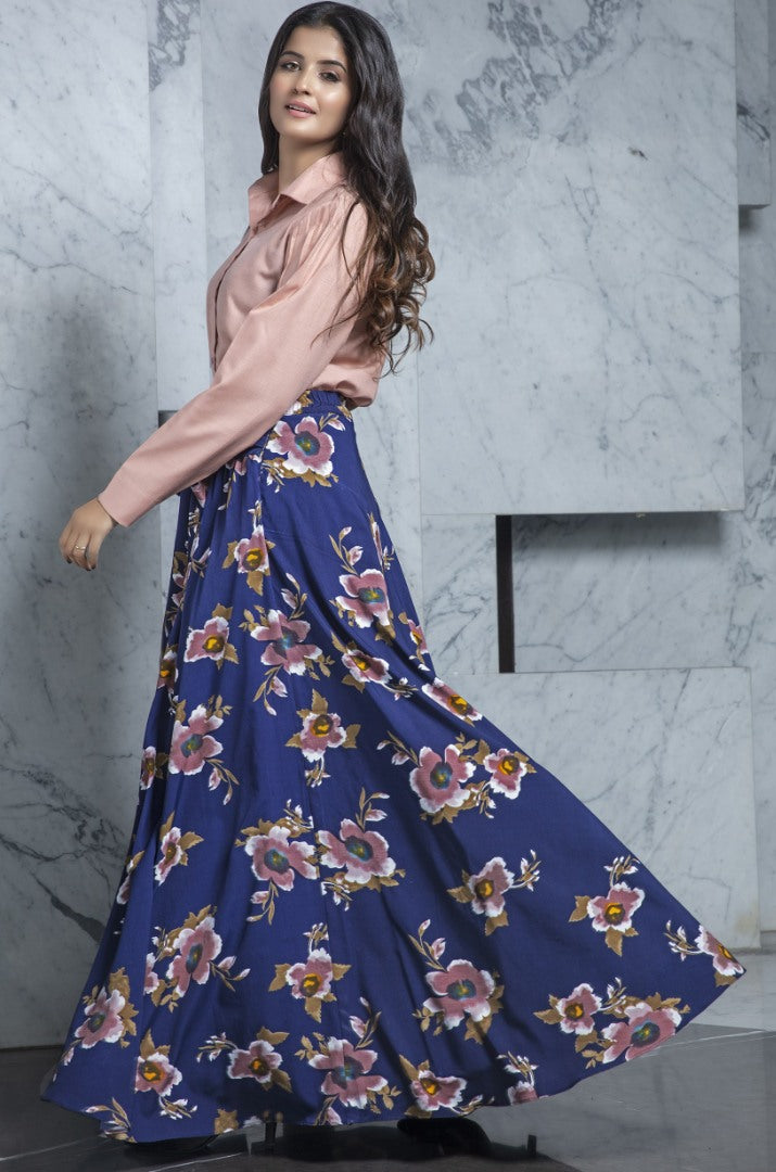 Navy blue cotton flower printed party wear crop top