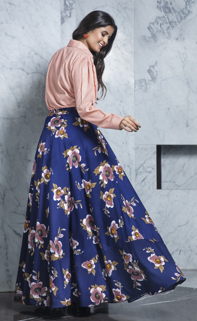 Navy blue cotton flower printed party wear crop top