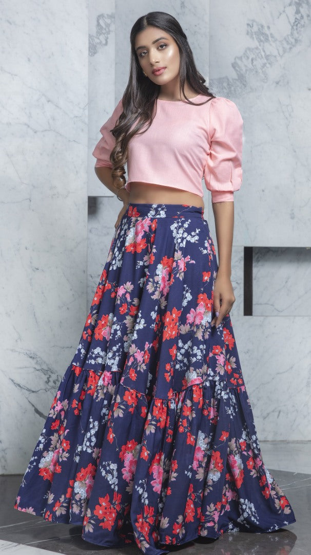Navy blue cotton flower printed party wear crop top