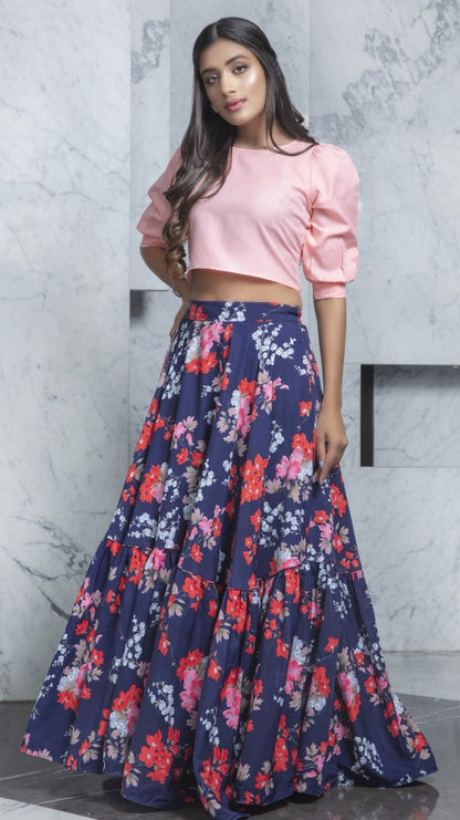 Navy blue cotton flower printed party wear crop top