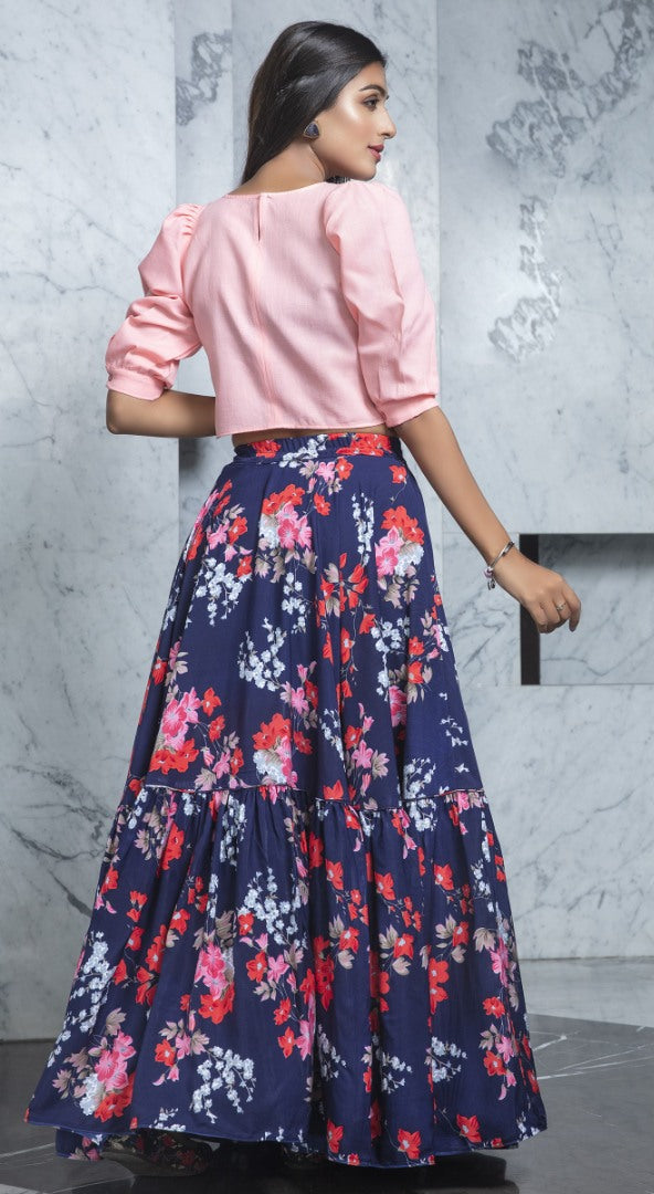 Navy blue cotton flower printed party wear crop top