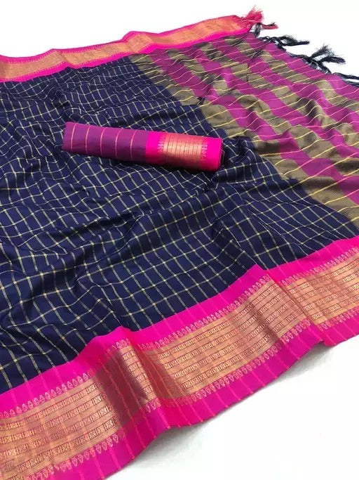 Navy blue cotton jacquard border saree