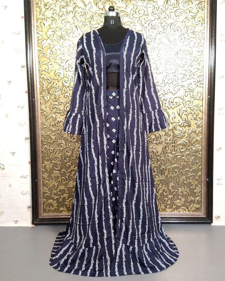 Navy blue crape printed indowestern lehenga with shrug