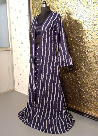 Navy blue crape printed indowestern lehenga with shrug