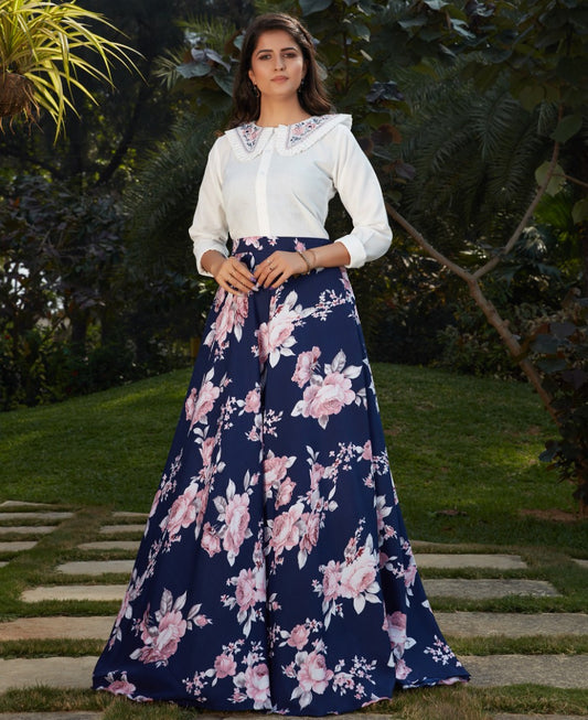 Navy blue crepe silk flower printed party wear crop top lehenga