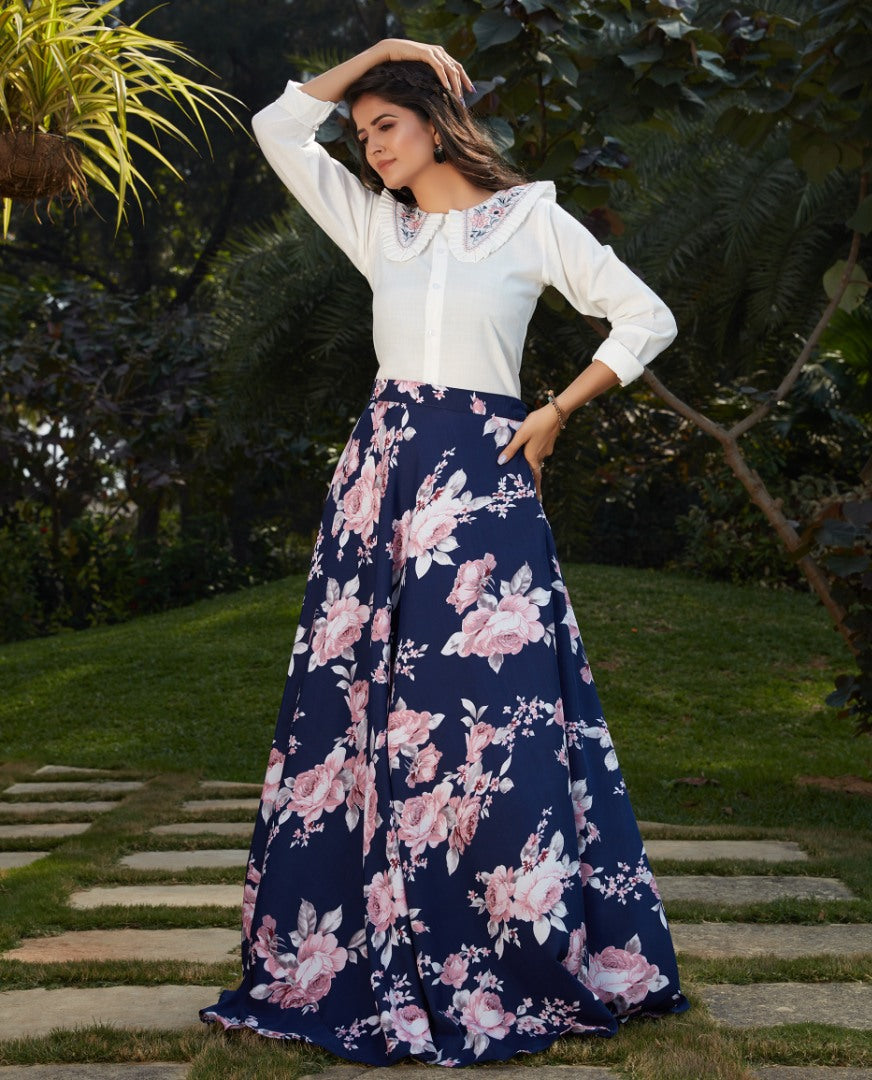 Navy blue crepe silk flower printed party wear crop top lehenga