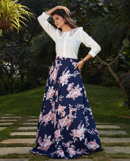 Navy blue crepe silk flower printed party wear crop top lehenga