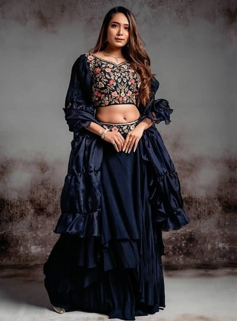 Navy blue crepe silk partywear lehenga choli