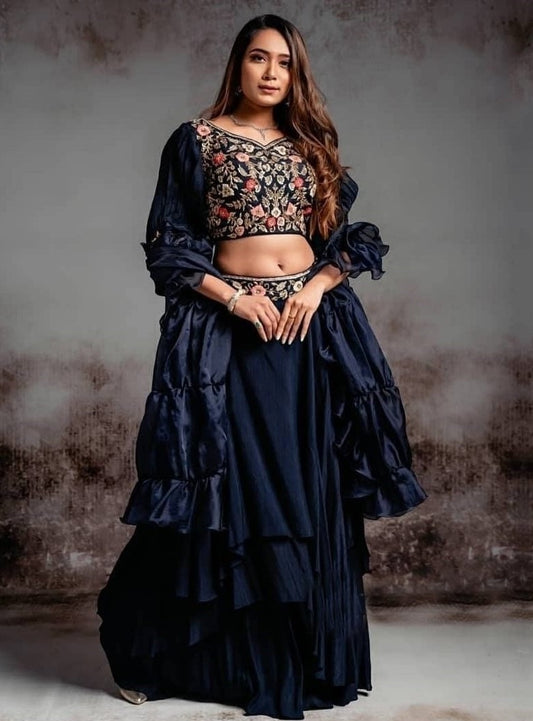 Navy blue crepe silk partywear lehenga choli
