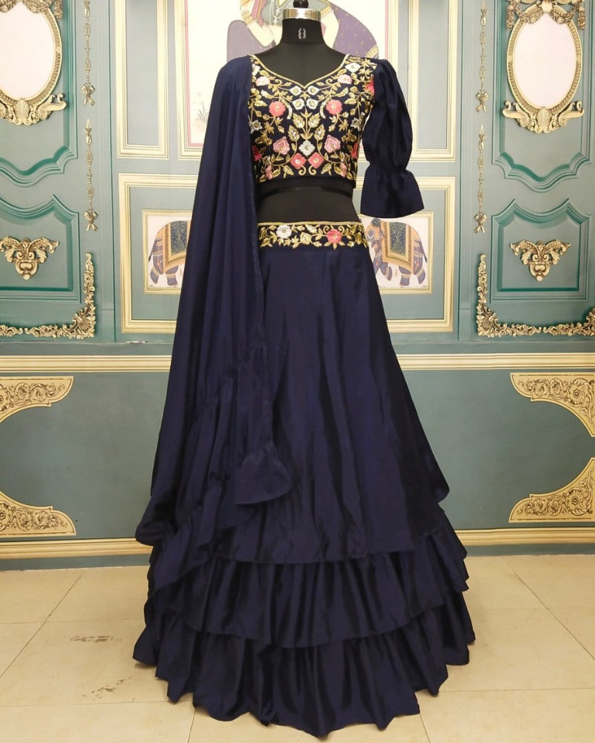 Navy blue crepe silk partywear lehenga choli