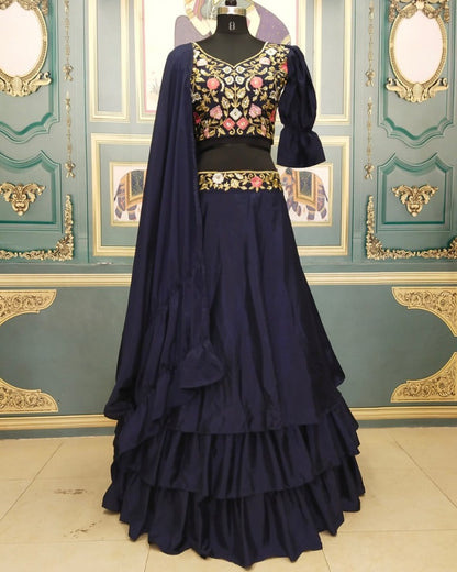Navy blue crepe silk partywear lehenga choli