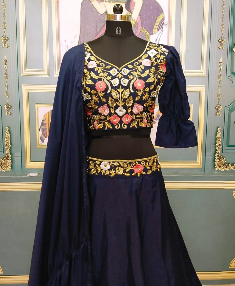 Navy blue crepe silk partywear lehenga choli