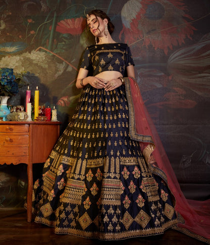 navy blue designer embroidered wedding lehenga choli
