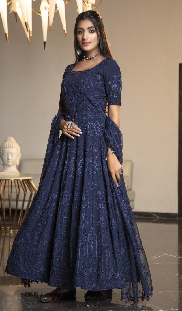 Navy blue diamond georgette embroidered anrkali gown