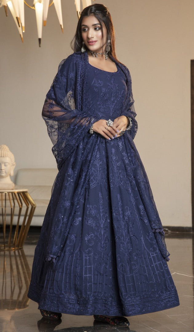 Navy blue diamond georgette embroidered anrkali gown