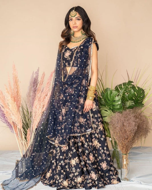 Navy blue embroidery worked wedding lehenga choli