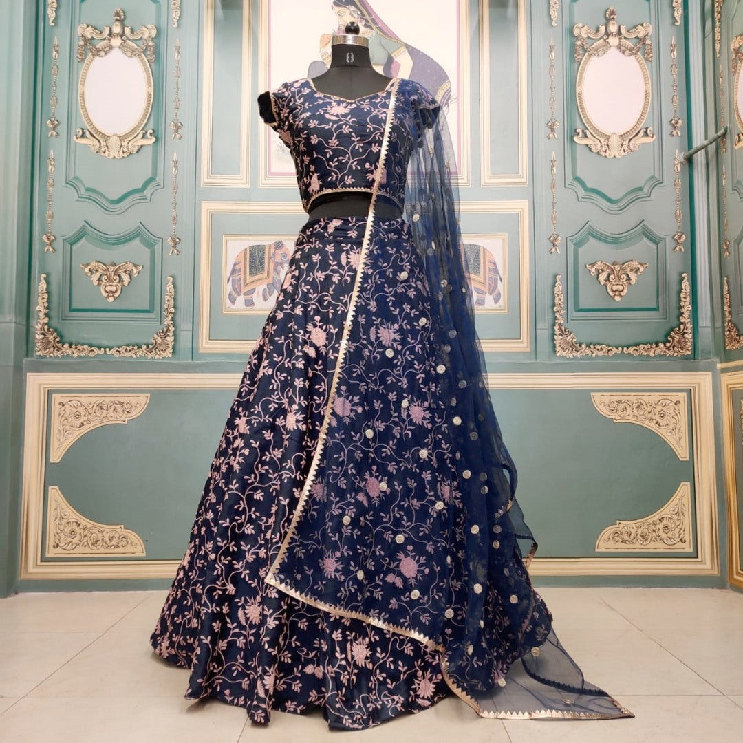 Navy blue embroidery worked wedding lehenga choli