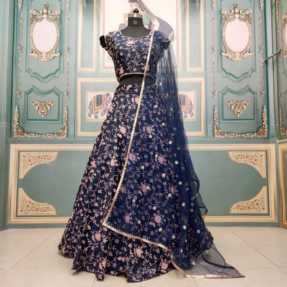 Navy blue embroidery worked wedding lehenga choli