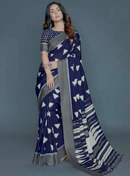 Navy blue fancy silk digital printed saree