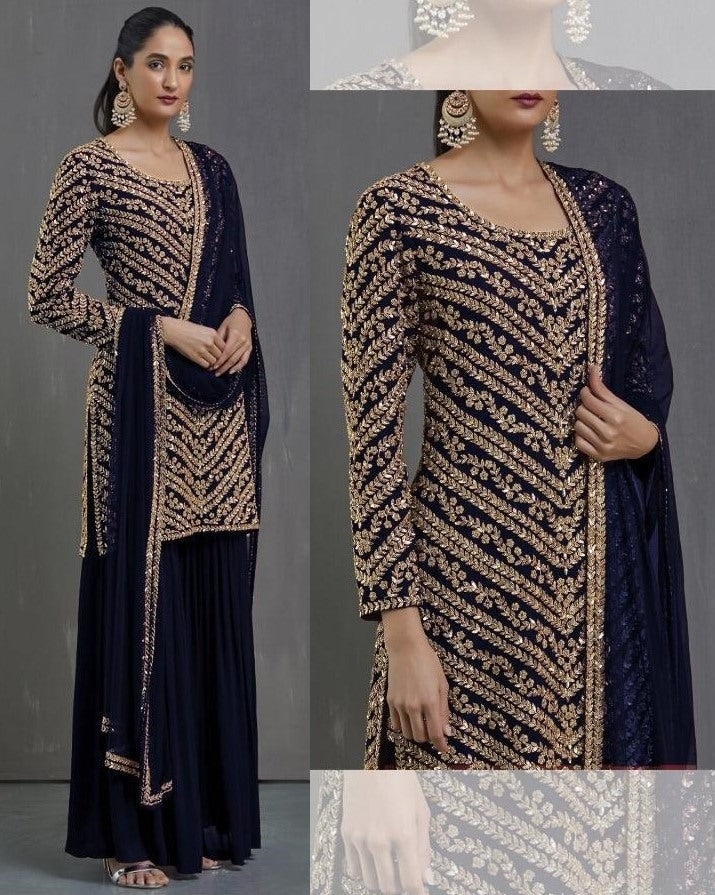 Navy blue faux georgette embroidered sequence plazzo suit