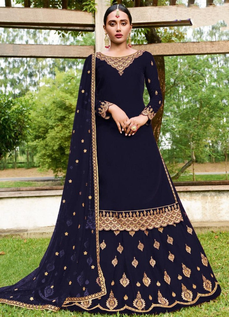 Navy blue faux georgette embroidered stich work lehenga suit