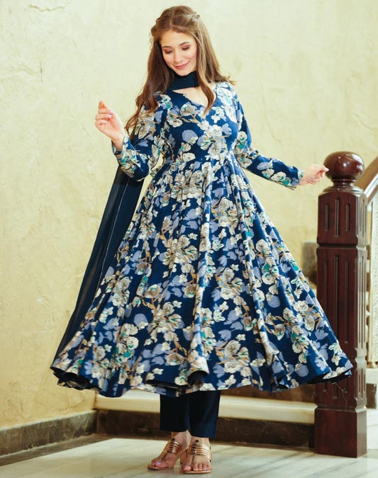 Navy blue floral printed anarkali gown