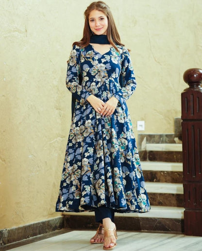 Navy blue floral printed anarkali gown