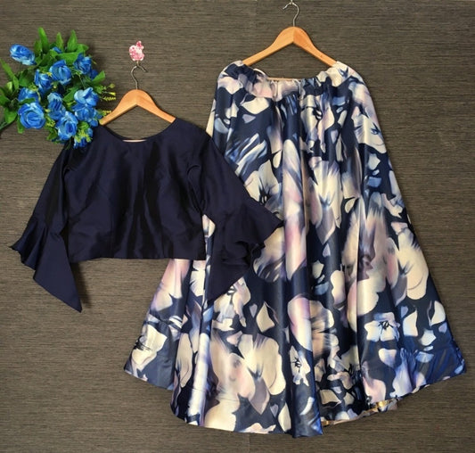 Navy blue flower printed crop top lehenga